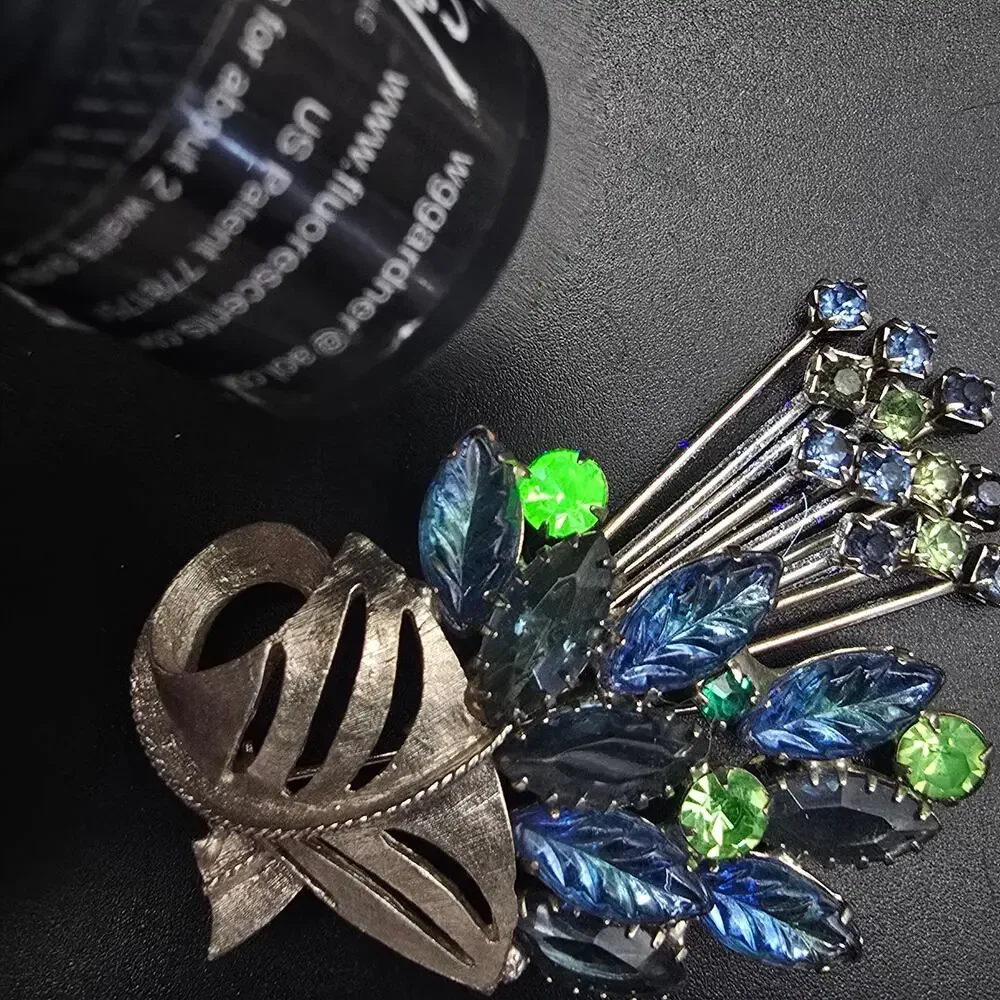 Blue Green Rhinestone Bouquet Brooch UV Glow Vintage Costume Jewelry